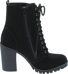 SODA Malia Black Nubuck Round Toe Stacked Lug Heel Lace Up Ankle Combat Booties