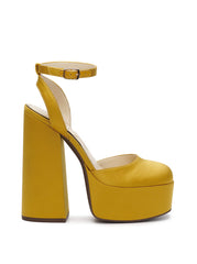 Jessica Simpson Skilla Yellow Mustard Satin Platform Pump Buckle Strap Block Heel