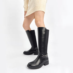 CentroPoint Stretch Knee High Fashion Wide Calf Low Block Heel Chain Booties 8