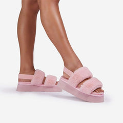 Luxemoda Tata Fluffy Stripe Platform Slip On Open Toe Faux Fur Slippers