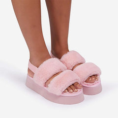 Luxemoda Tata Fluffy Stripe Platform Slip On Open Toe Faux Fur Slippers