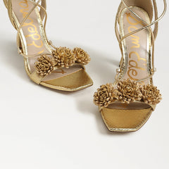 Sam Edelman Leela Gold Leather Squared Open Toe Tie Up Stiletto Heeled Sandals