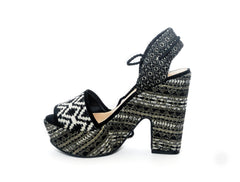 Schutz Markie Black Fabric Wrapped Block Heel Platform Open Toe Tie-Up Sandals
