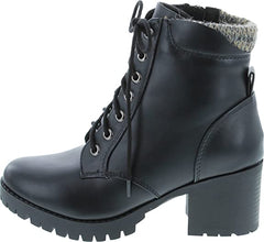 Soda Single Black Pu Lug Sole Chunky Heel Lace Up Platform Combat Wide Boots
