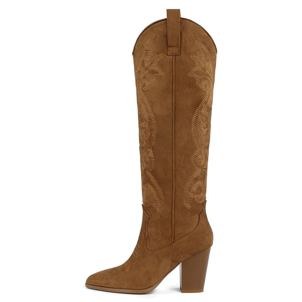 WIRALOMI Western Brown Suede Knee High Block Heel Pointed Toe Pull Cowgirl Boots