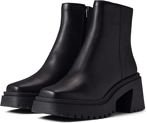 Steve Madden Fella Black Leather Chunky Block Heel Round Toe Fashion Ankle Boots