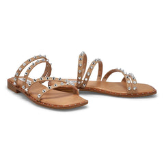 Steve Madden Selina Tan Squared Open Toe Spike Detailed Slip On Flats Sandals