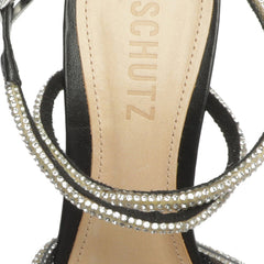 Schutz Louise Black Clear Crystal-Embellished Ankle Strap Open Toe Heel Sandals