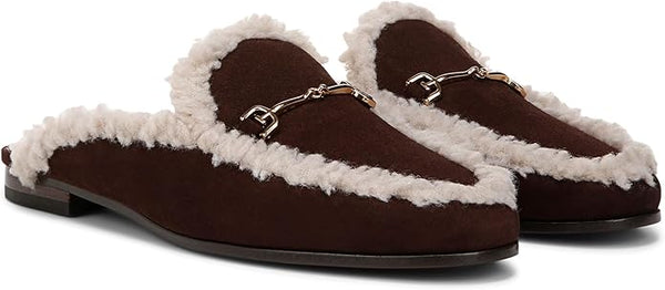 Sam Edelman Linnie Cafe Noir Shearling Chain Embellished Slip On Flats Mules