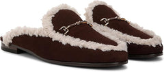 Sam Edelman Linnie Cafe Noir Shearling Chain Embellished Slip On Flats Mules