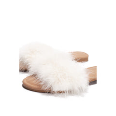 Cape Robbin Sandals-1 White Fur Slip On Feathers Flat Slide Mule Sandals