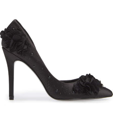Charles David Black Pointed Flower Embellished Satin Formal Stiletto Pump