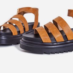 Lemonade Clueless Tan Strappy Ankle Buckle Cushioned Black Open Toe Platform Sandals