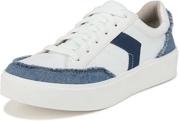 Dr. Scholl's Madison White/Blue Denim Lace Up Round Toe Low Top Fashion Sneakers