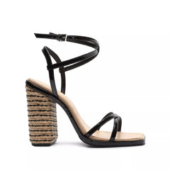 Schutz Narah Black Open Toe Cross Buckle Ankle Strap Block High Heeled Sandals