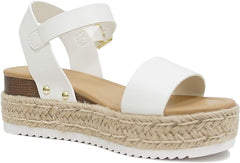 Soda Clip White Open Toe Faux Leather Buckle Ankle Strap Wedges Heeled Sandals