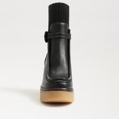 Sam Edelman Sidney Black Leather Pull On Rounded Toe Ribbed Knit Fabric Boots