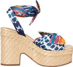 Sam Edelman Tula Caspian Blue Multi Squared Open Toe Wedge Block Heeled Sandals