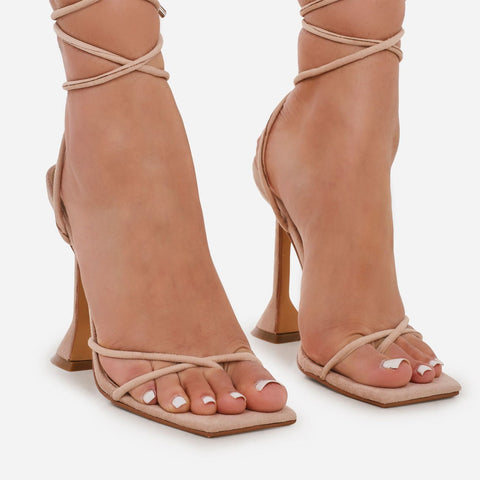 LuxeModa Emily Nude Square Toe Lace Up Pyramid Heel Tie Up Strappy Pumps