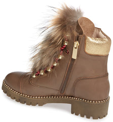 Cecelia New York Trekker Mustang Gold Multi Fur Lace Up Hiker Combat Booties