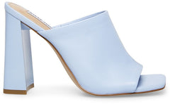 Steve Madden Lexia Blue Leather Slip On Squared Open Toe Mule Heeled Sandal