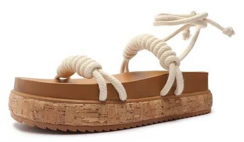 Schutz Nagie Cru Ivory Flat Wedge Cork Heel Tie Up Rope Rounded Open Toe Sandals