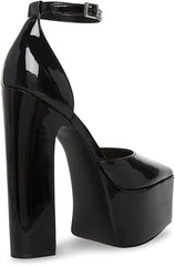 Steve Madden Prompt Black Patent Ankle Strap High Block Heel Pointed Toe Pumps