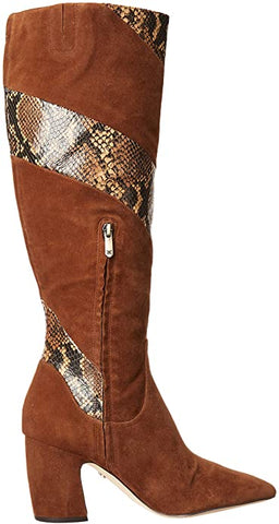 Sam Edelman Hai Brown Suede Snake Patch Mid Block Heel Knee High Dress Boots