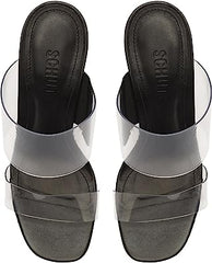 Schutz Victorie Black Clear Straps Slip On Open Toe Block Heeled Sandals