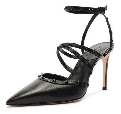Schutz Anne Black Ankle Strap Embellished Upper Strappy High Stiletto Heel Pumps