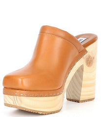 Steve Madden Alvara Cognac Leather Slip On Squared Toe Block Heeled Clog Mule