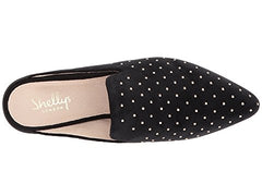 Shellys London Fantasia Black Velvet Pointed Toe Flat Mule Stud Quilted Slides