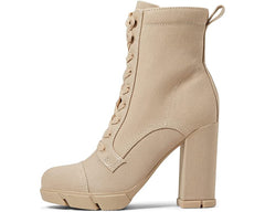 Nine West Vega7 Light Natural Lace Up Textile Rounded Toe Block Heel Ankle Boots