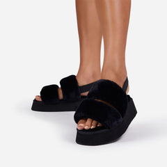 Luxemoda Tata Fluffy Stripe Platform Slip On Open Toe Faux Fur Slippers