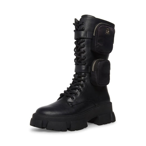 Steve Madden Thorpe Black Micro Pouch Rounded Closed Toe Combat Textile Boots