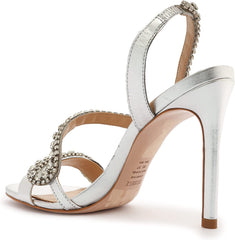 Schutz Court Prata Metallic Crystal Studs Pull On Open Toe Stiletto Heel Sandals