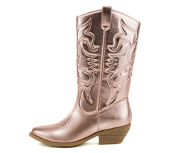 Soda Red Reno Light-Pink Metallic Pu Western Pointed Toe Knee High Pull On Boots