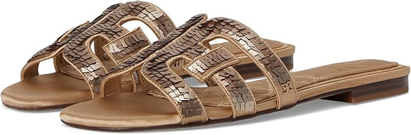 Sam Edelman Bay Molten Gold Sequin Round Open Toe Slip On Leather Strap Sandals