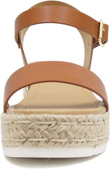 Soda Clip Tan Open Toe Faux Leather Buckle Ankle Strap Wedges Heeled Sandals