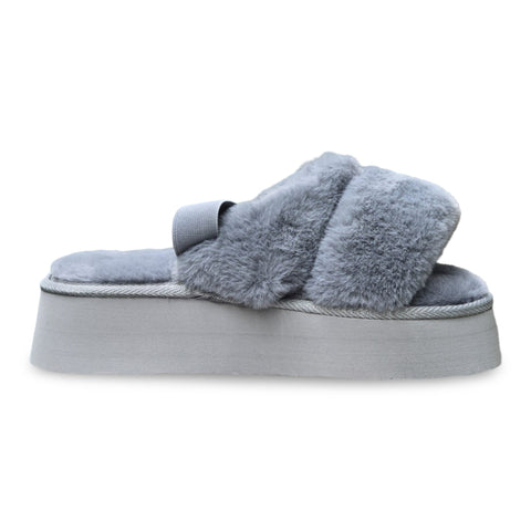 Luxemoda Tata Fluffy Stripe Platform Slip On Open Toe Faux Fur Slippers