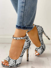 Ermonn Snakeskin Black White Platform Dress Ankle Strap Open Toe Pump Shoes