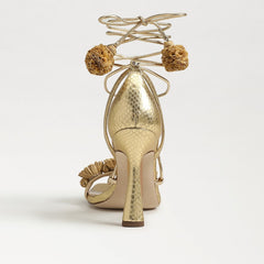 Sam Edelman Leela Gold Leather Squared Open Toe Tie Up Stiletto Heeled Sandals