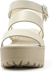 Soda Account Nude Ankle Strap Rounded Open Toe Strappy Block Heeled Sandals