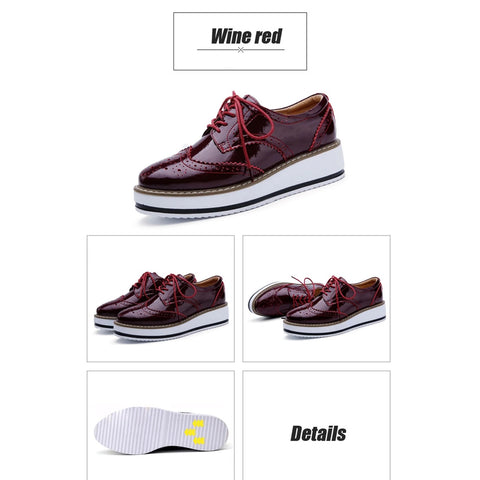 KIJBLAE Brogue Oxford Shoes Platform Chunky Heels Lace-Up Wingtip Loafers Red 42