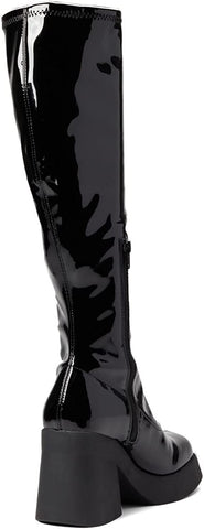 Steve Madden Klarisa Black Patent Squared Toe Block Heel Knee High Fashion Boots
