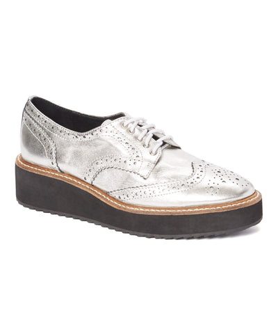Shellys London Emma Pewter Metallic Shiny Low Platform Wingtip Oxford Shoes