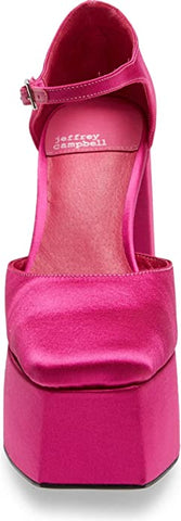 Jeffrey Campbell Ovr-N-Out Fuchsia Satin Square-Toe Ankle Strap Platform Pumps