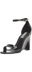 Steve Madden Mallor Black Patent Ankle Strap Round Open Toe Wedge Heeled Sandals