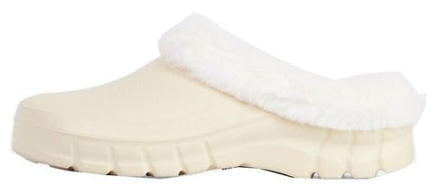 Luxemoda Women's Muffin Fluffy Faux Fur Trim Flat Rubber Mule Waterproof Slipper