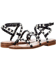 Steve Madden Travel Ankle Strap Pearl Detail Flat Sandals Black Pearl (6, Black Pearl)